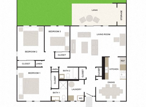 Floor plan for 3 beds, 1.5 baths, 1203 sqft